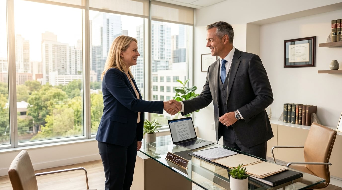 Attorney meeting with injury client in modern office